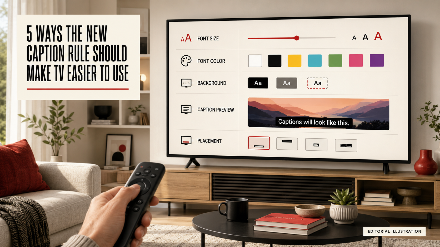 Conceptual living-room television showing caption customization controls, with a remote in the foreground.