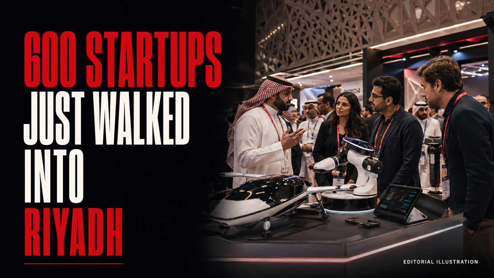 Global founders and investors discussing prototypes at a Riyadh technology exhibition beside a bold red-and-white headline.