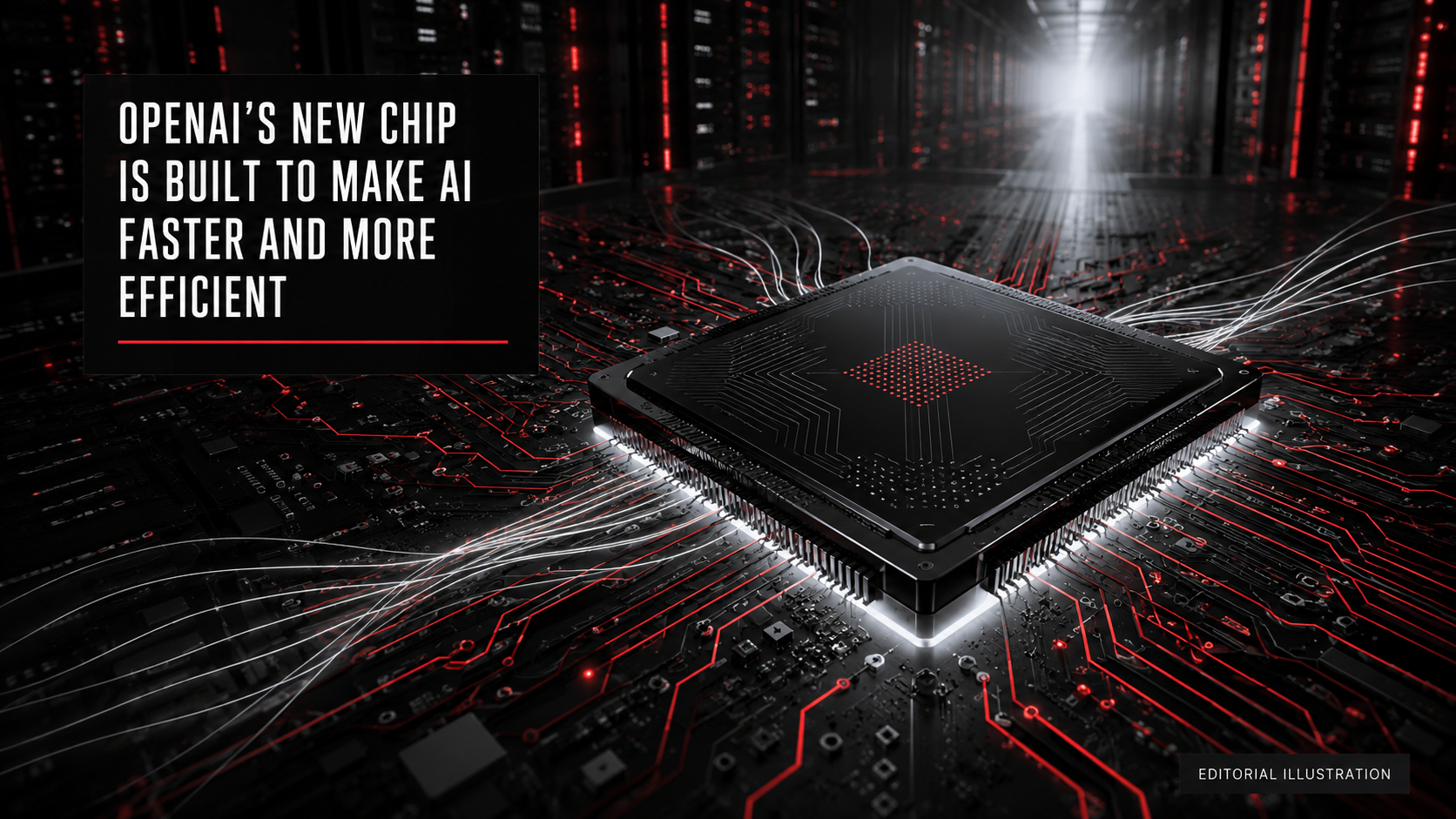 Conceptual black AI accelerator chip with red circuit paths and a headline about OpenAI’s Jalapeño inference chip.