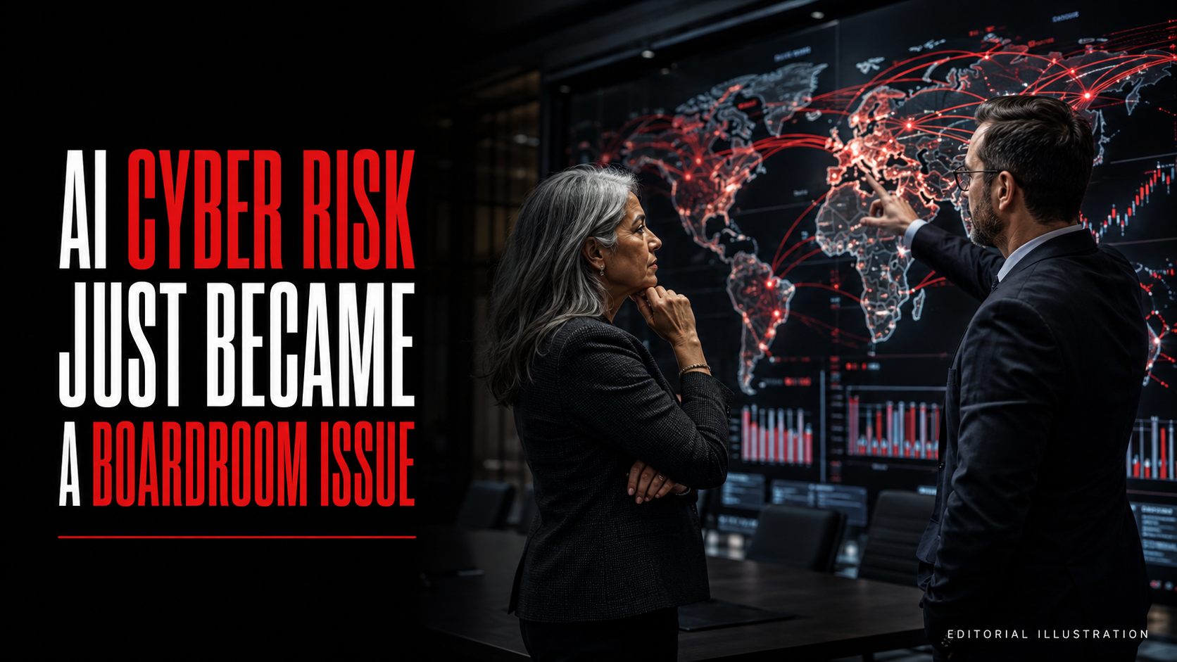 Editorial illustration of financial and cybersecurity leaders studying a red global network map beside a bold headline.
