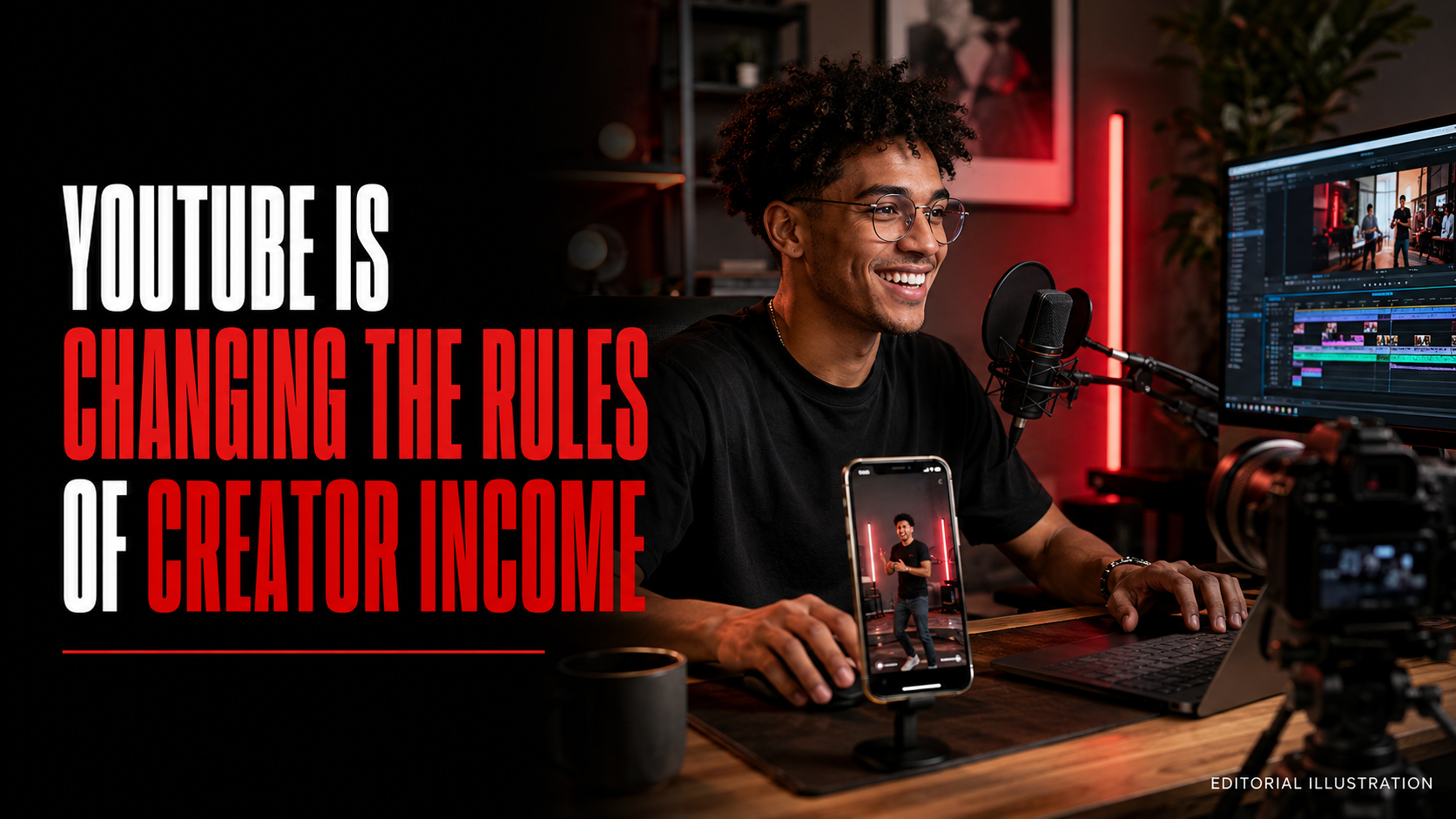Realistic video creator editing in a studio beside a bold white-and-red headline about changing creator-income rules.