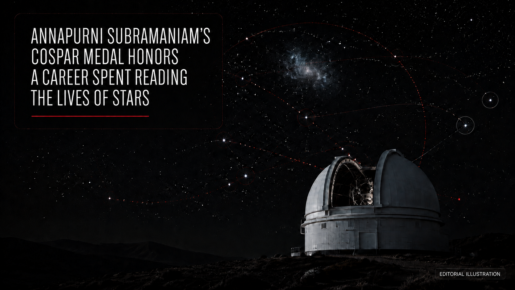 An observatory beneath a star-filled sky with two cloud-like galaxies and restrained red scientific arcs.