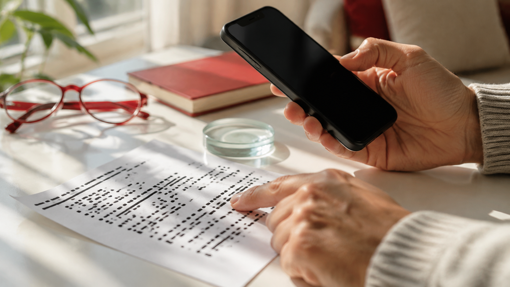 A person uses a generic smartphone beside braille reading material, a magnifier and red glasses in a sunlit room.