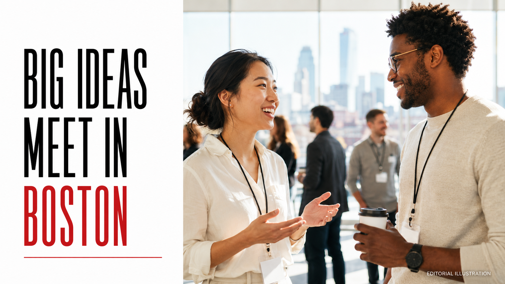 Bright editorial image of two startup founders networking in a Boston event space next to the headline “Big Ideas Meet in Boston.”