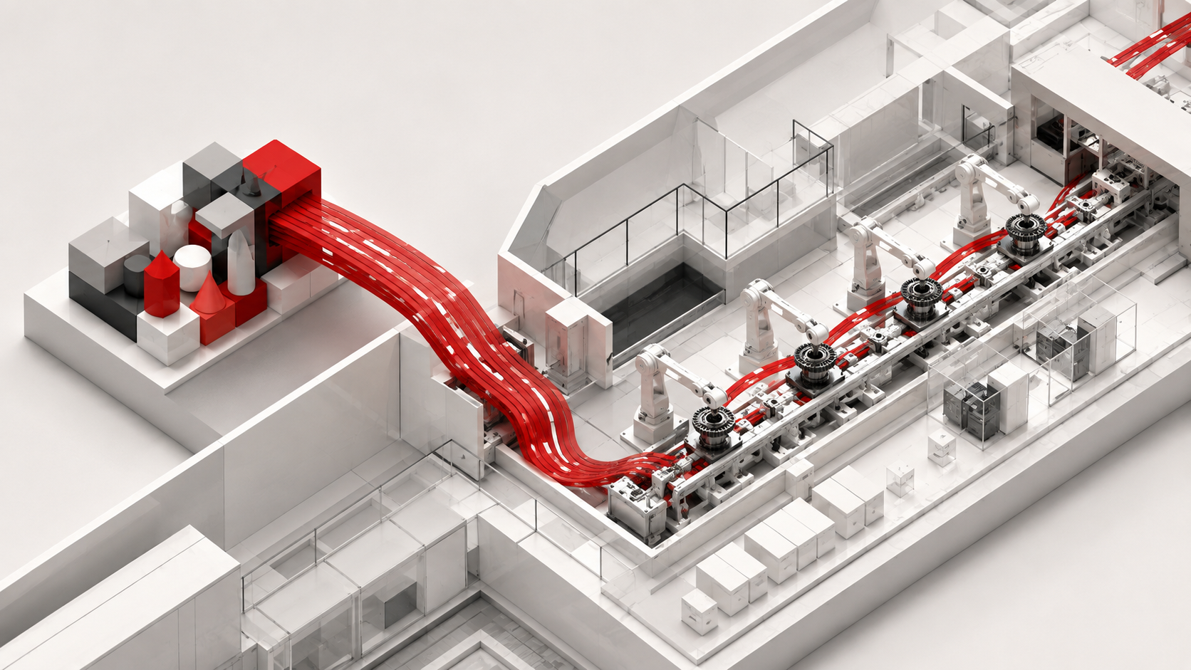 Editorial illustration of red pathways flowing from abstract capital blocks into a bright factory production line.