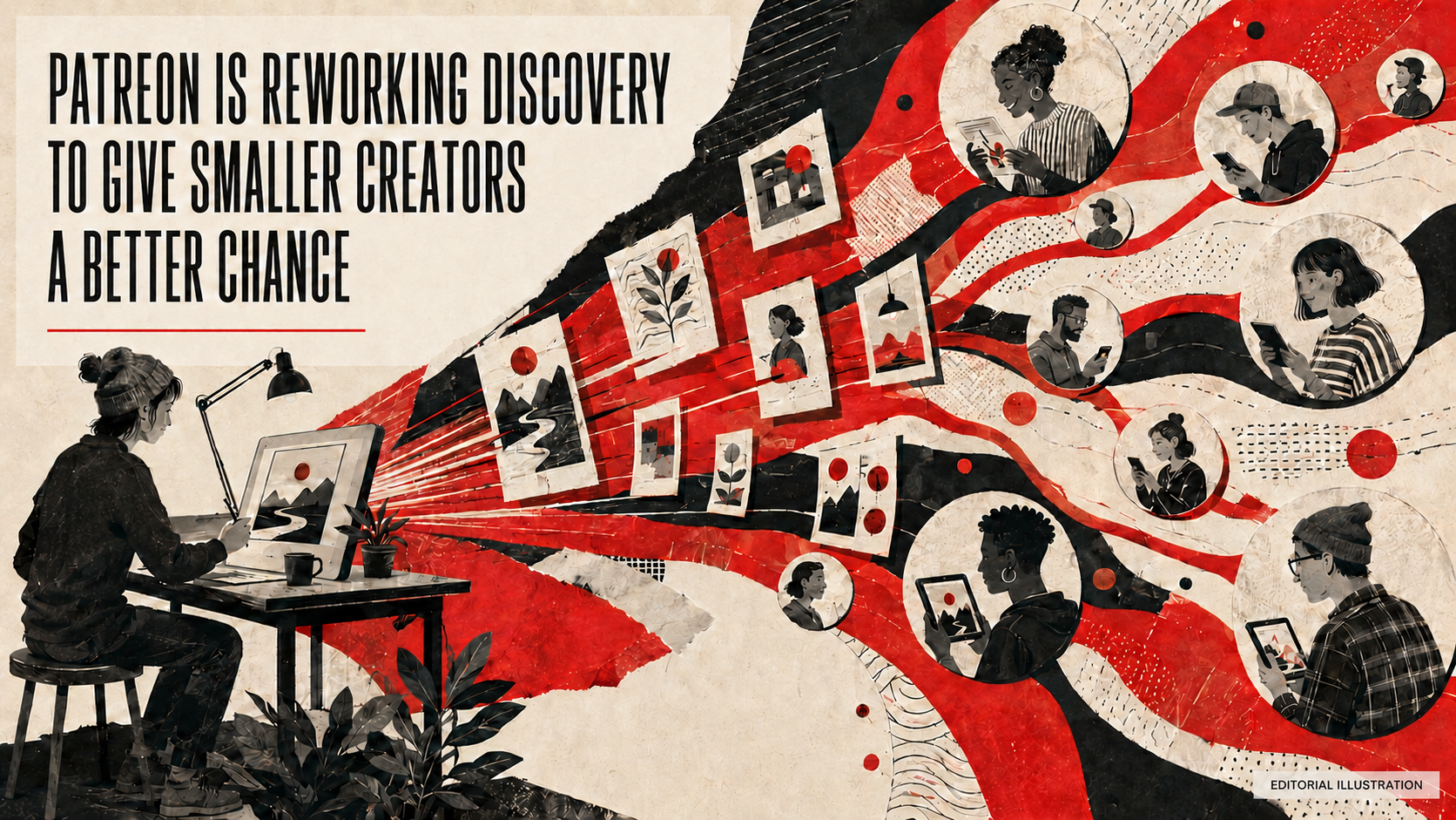 Editorial collage of an independent creator sending illustrated posts through red pathways toward a growing audience.