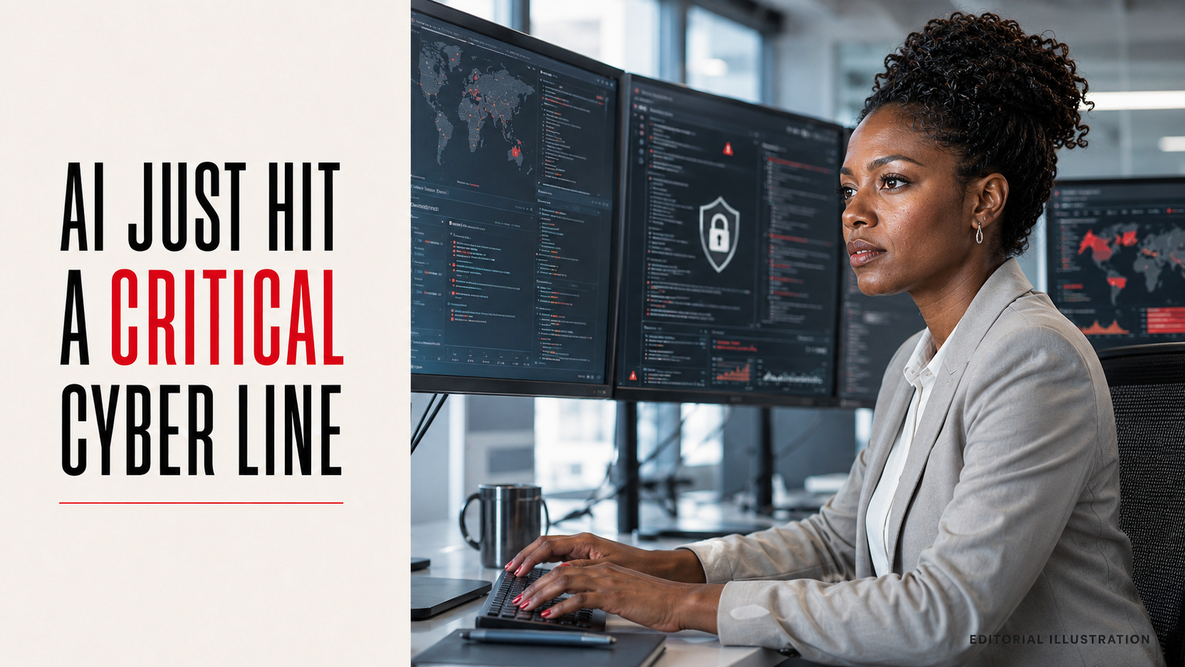 Realistic editorial image of a cybersecurity engineer at a multi-monitor workstation, beside a black title panel reading “AI Just Hit a Critical Cyber Line.”