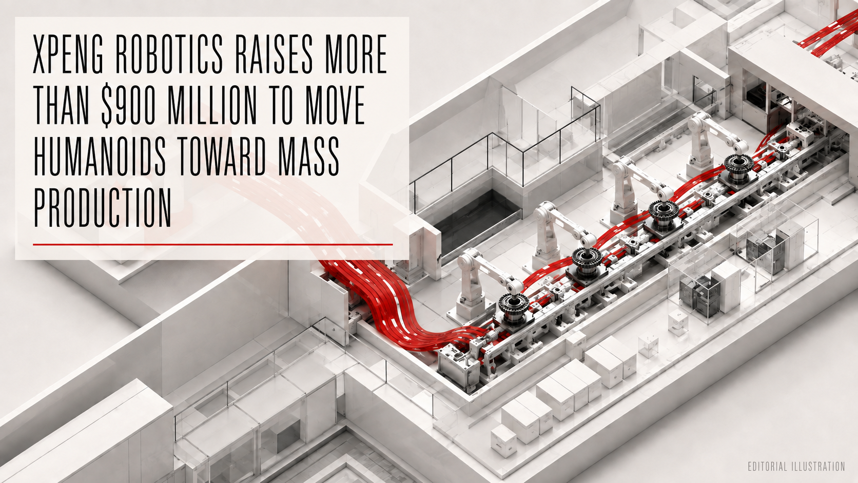 Editorial illustration of red pathways flowing from abstract capital blocks into a bright factory production line.