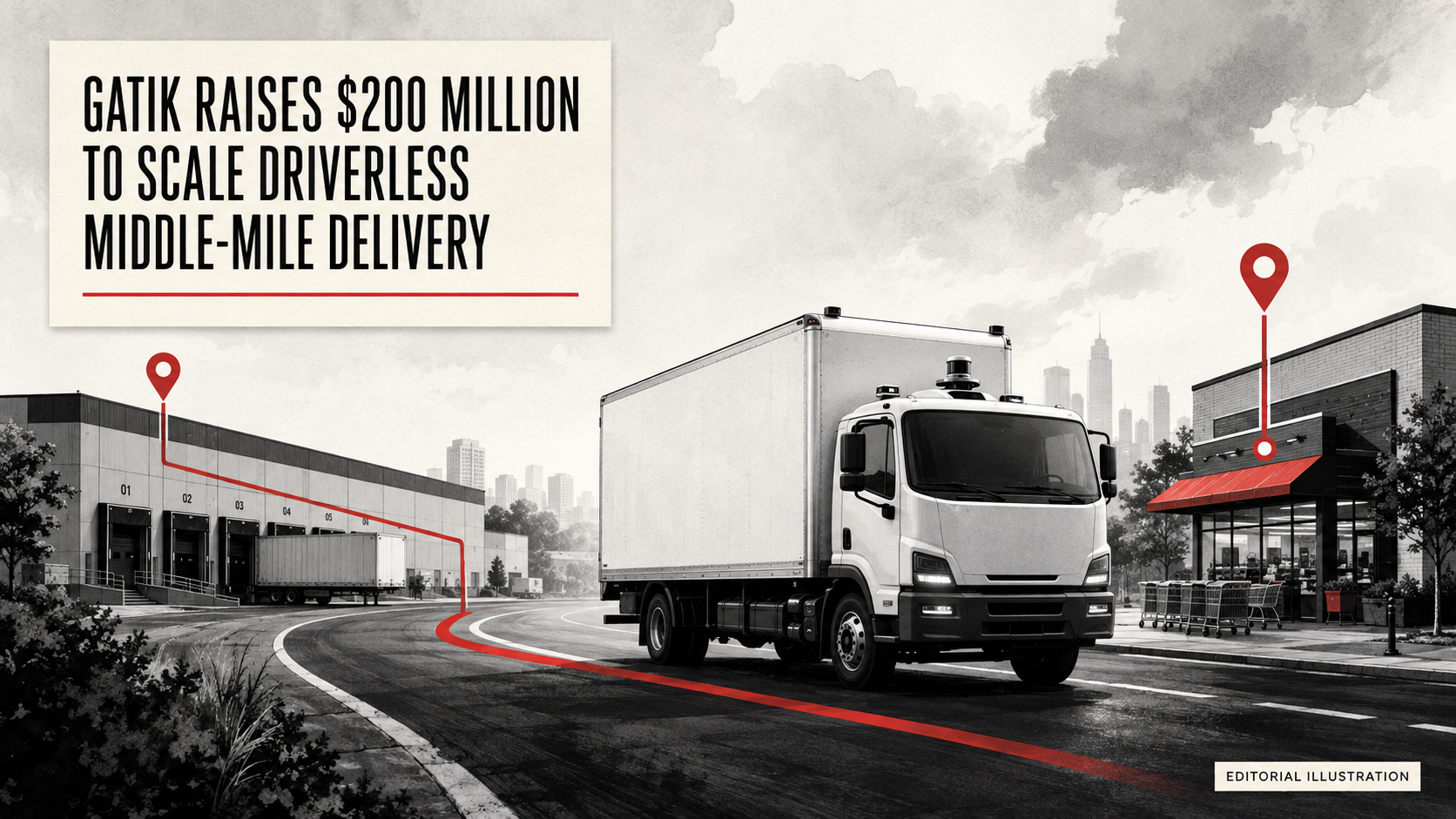Conceptual unbranded autonomous box truck traveling on a red route between a warehouse and retail destination.